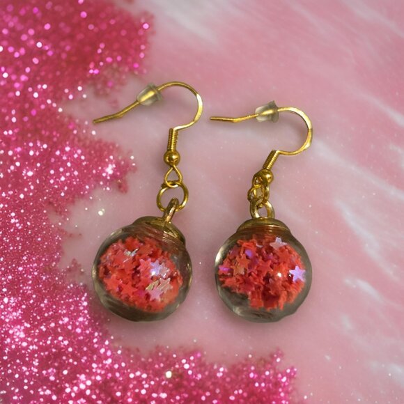 Bright Red/Orange Stars Globe Earrings - Picture 1 of 4